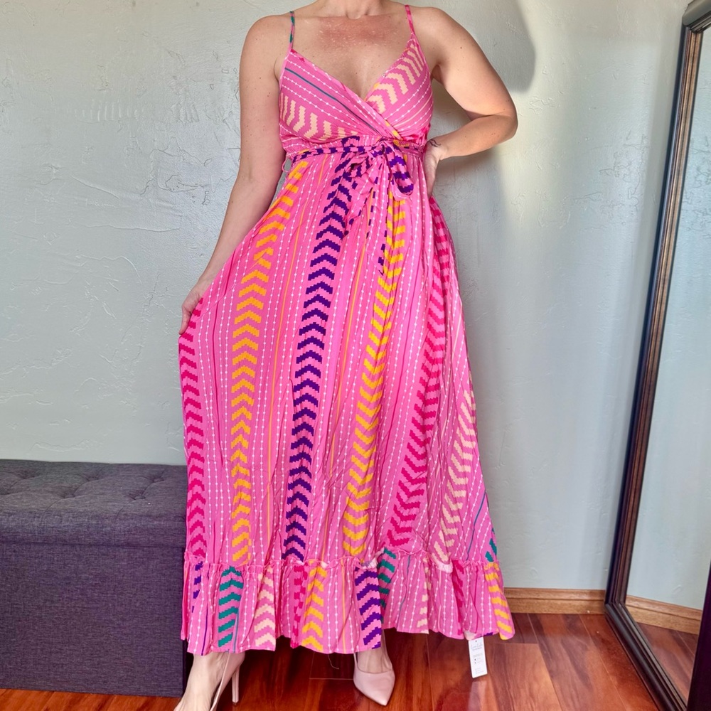 Cupshe Vibrant Pink Sleeveless Chevron Print Maxi Dress w/Pockets - Picture 6 of 14